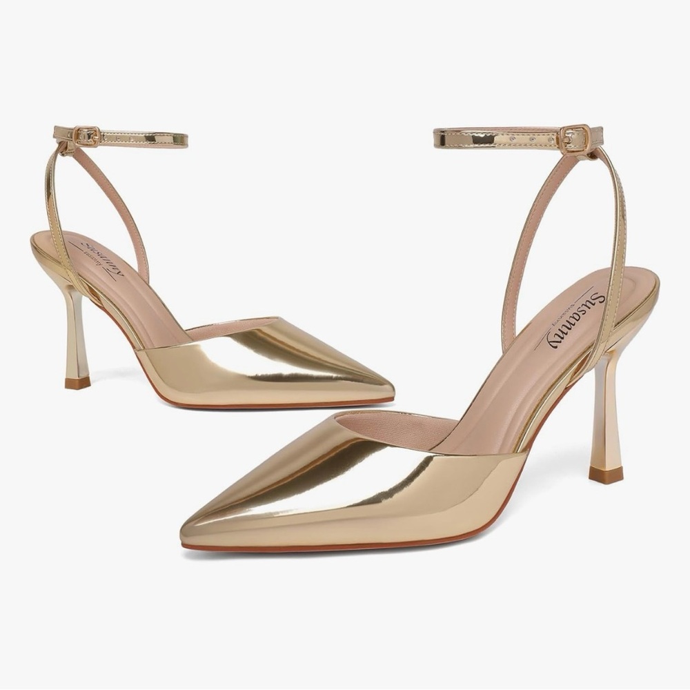 Gold Pointed Toe Slingback Heels - Women's Fashion Pump
